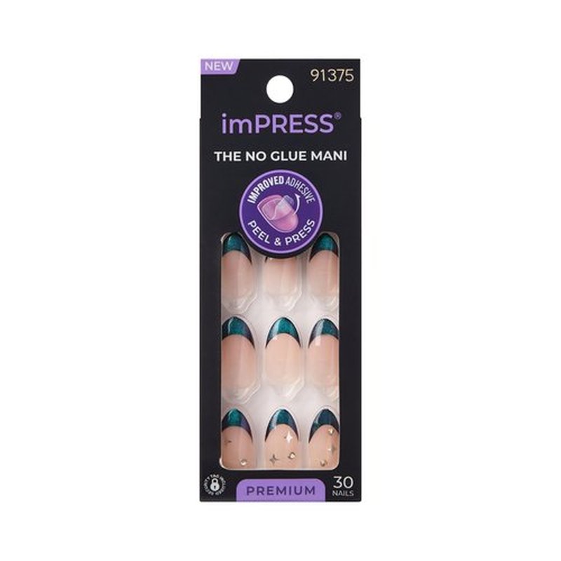 KISS imPRESS No Glue Mani Press On Nails, Premium, 'Visions', Green, Medium Size, Almond Shape, Includes 30 Nails, Prep Pad, Instructions Sheet, 1 Manicure Stick, 1 Mini File