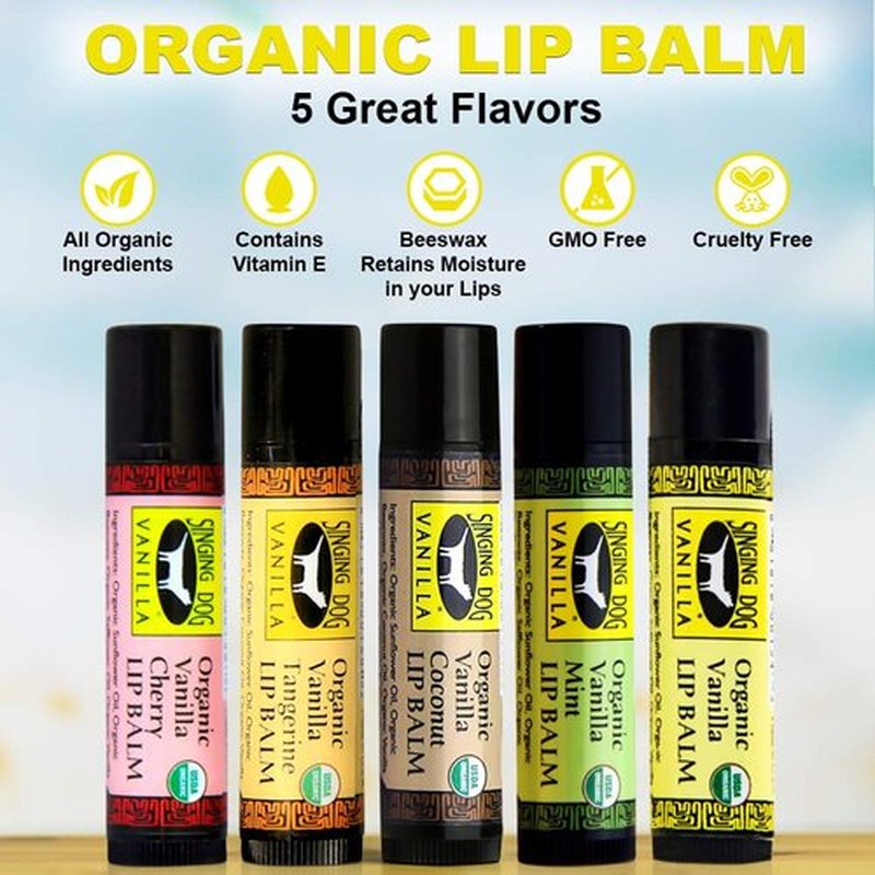 Singing Dog Vanilla USDA Organic Beeswax Lip Balm (5-flavor Variety) Vitamin E- Grade A (Vanilla, Vanilla Cherry, Vanilla Coconut, Vanilla Mint, Vanilla Tangerine) Hydrate, Repair .15oz each