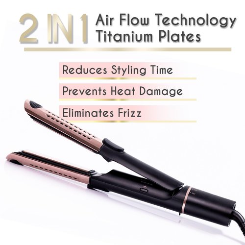 ELLA BELLA® Hair Straightener and Air Curler 2 in 1 • Titanium Flat Iron Curling Iron in One • Cooling Air Vents to Effortlessly Lock in Style • Multiple Looks, Professional Salon Results