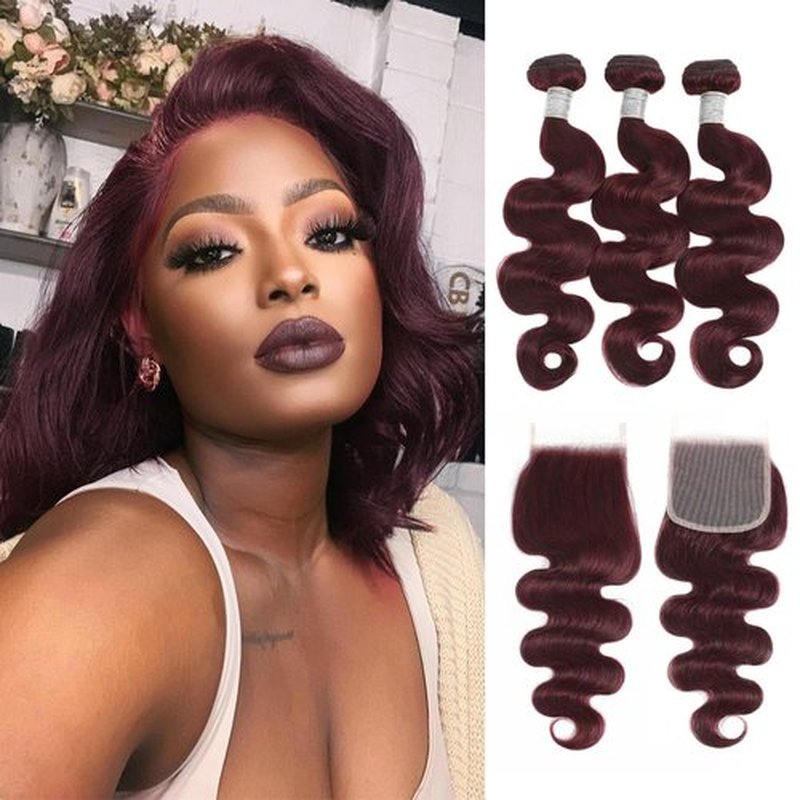 99j Dark Burgundy Body Wave 3 Bundles with 4x4 Closure Human Hair HD Lace Free Part, 12A Soft and Glossy #99j Wine Color 100% Brazilian Virgin Remy Hair Bundles with Closure 10 12 14+10 Inch