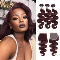 99j Dark Burgundy Body Wave 3 Bundles with 4x4 Closure Human Hair HD Lace Free Part, 12A Soft and Glossy #99j Wine Color 100% Brazilian Virgin Remy Hair Bundles with Closure 10 12 14+10 Inch