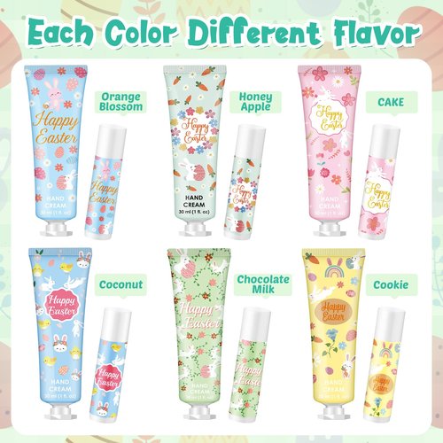 Loopeer 12 Sets Easter Gifts for Coworkers Gifts Bulk Happy Easter Hand Cream and Lip Balm for Women Travel Size Lotion Basket Stuffers for Adults Teachers Employees