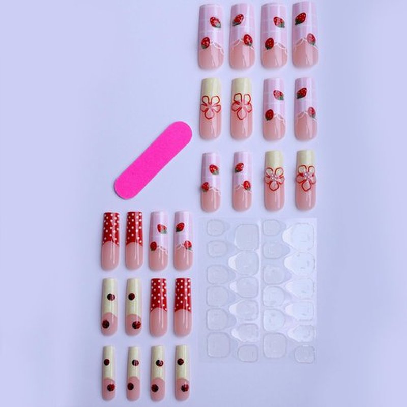 Octoswave Square Press on Nails Medium Fake Nails French Artificial Nail Cute Strawberry Spot Stick on Nail for Women 24pcs