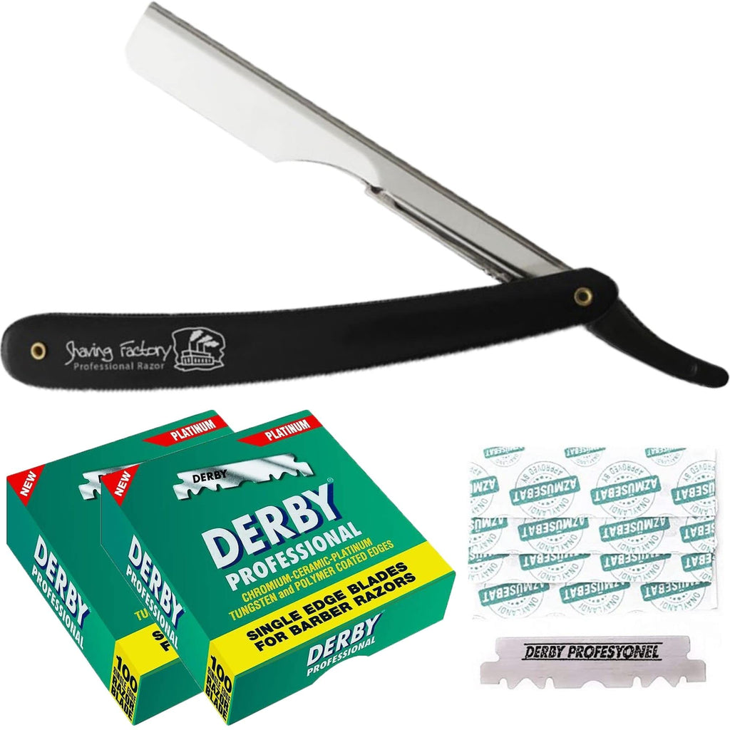 The Shave Factory Black & Silver Straight Edge Razor, Single Edge Blade Compatible Shaving Kit, Easy Replaceable Blade Razor (2 Piece Set)
