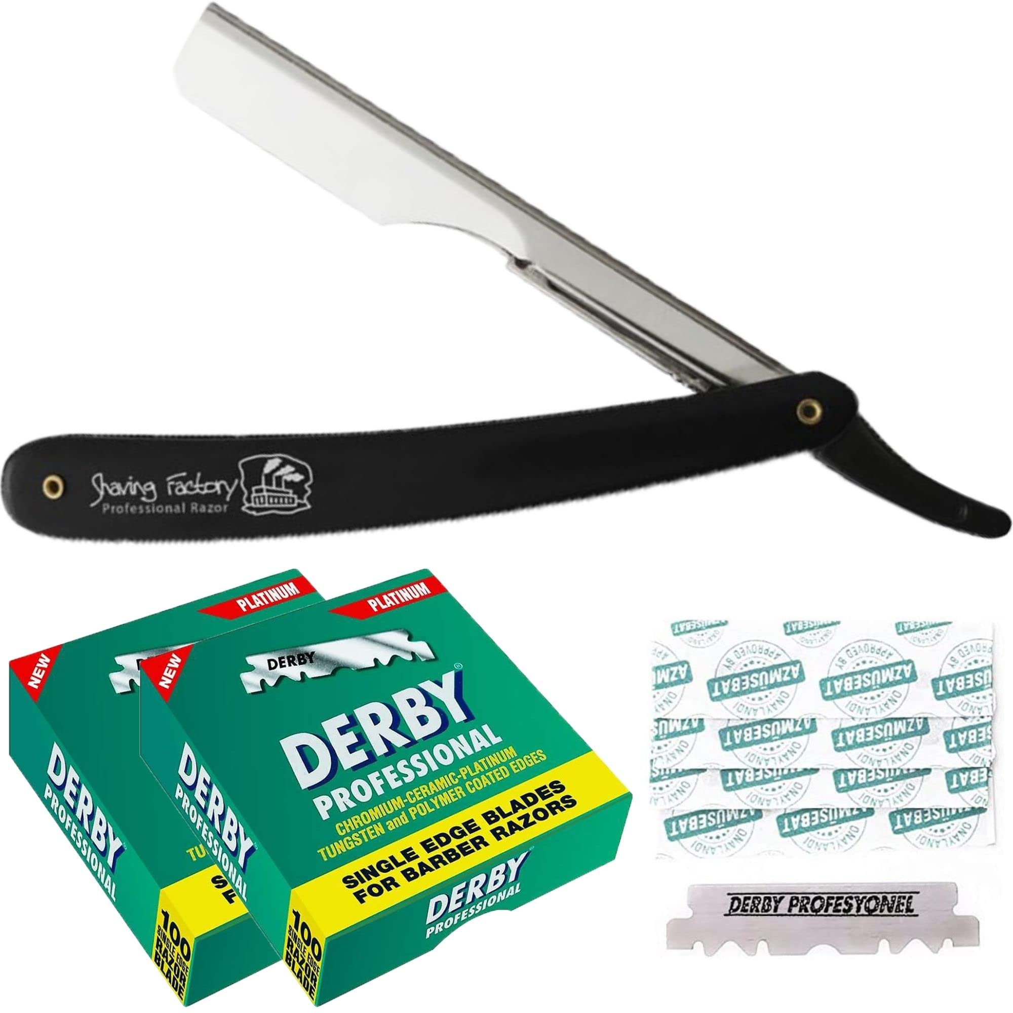 The Shave Factory Black & Silver Straight Edge Razor, Single Edge Blade Compatible Shaving Kit, Easy Replaceable Blade Razor (2 Piece Set)