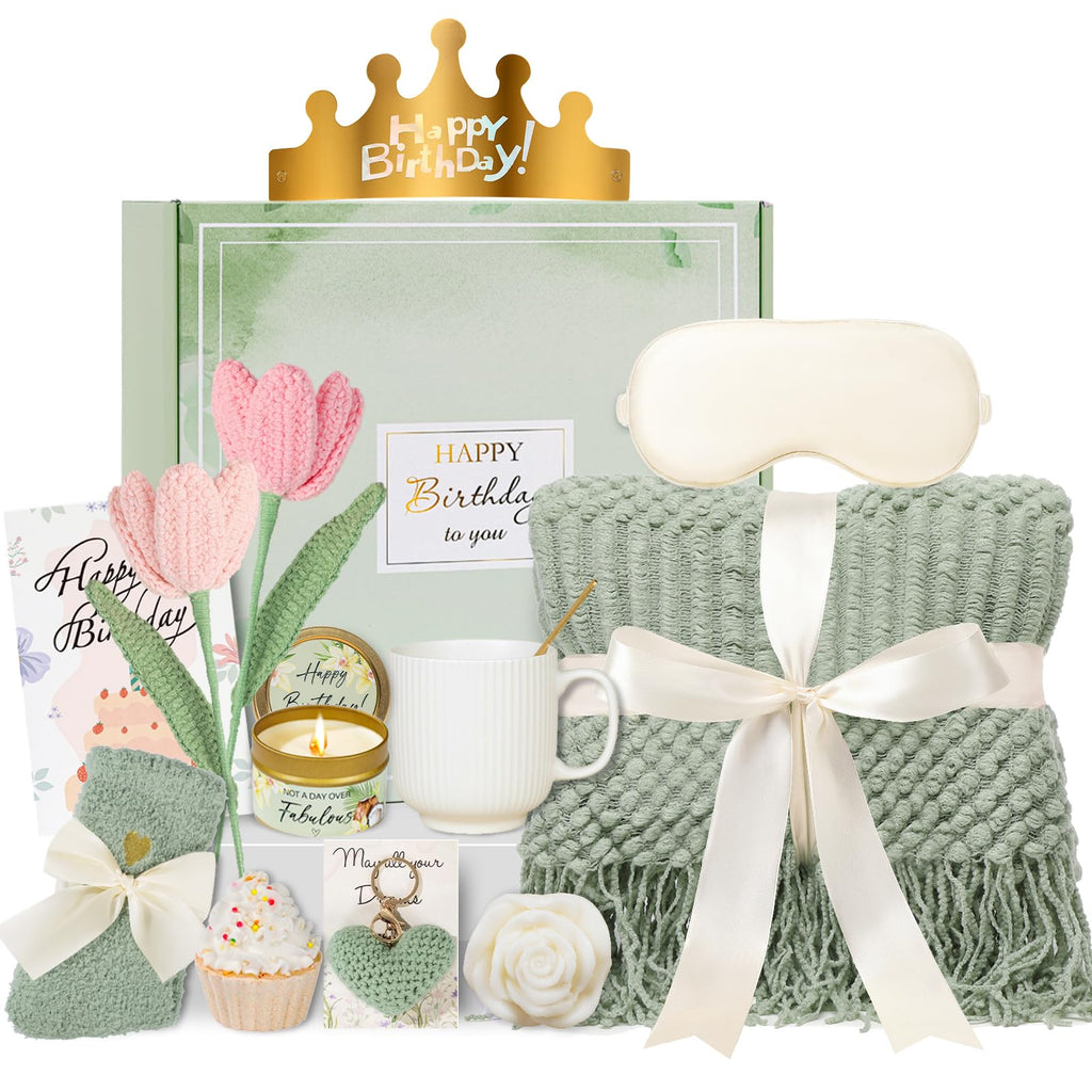 CuriBox Birthday Gifts for Women - 13PCS Unique Happy Birthday Easter Gifts Basket for Mom Her Best Friend Sister Wife Girlfriend Coworker - Relaxing Spa Self Care Package Mothers Day Set (Green)