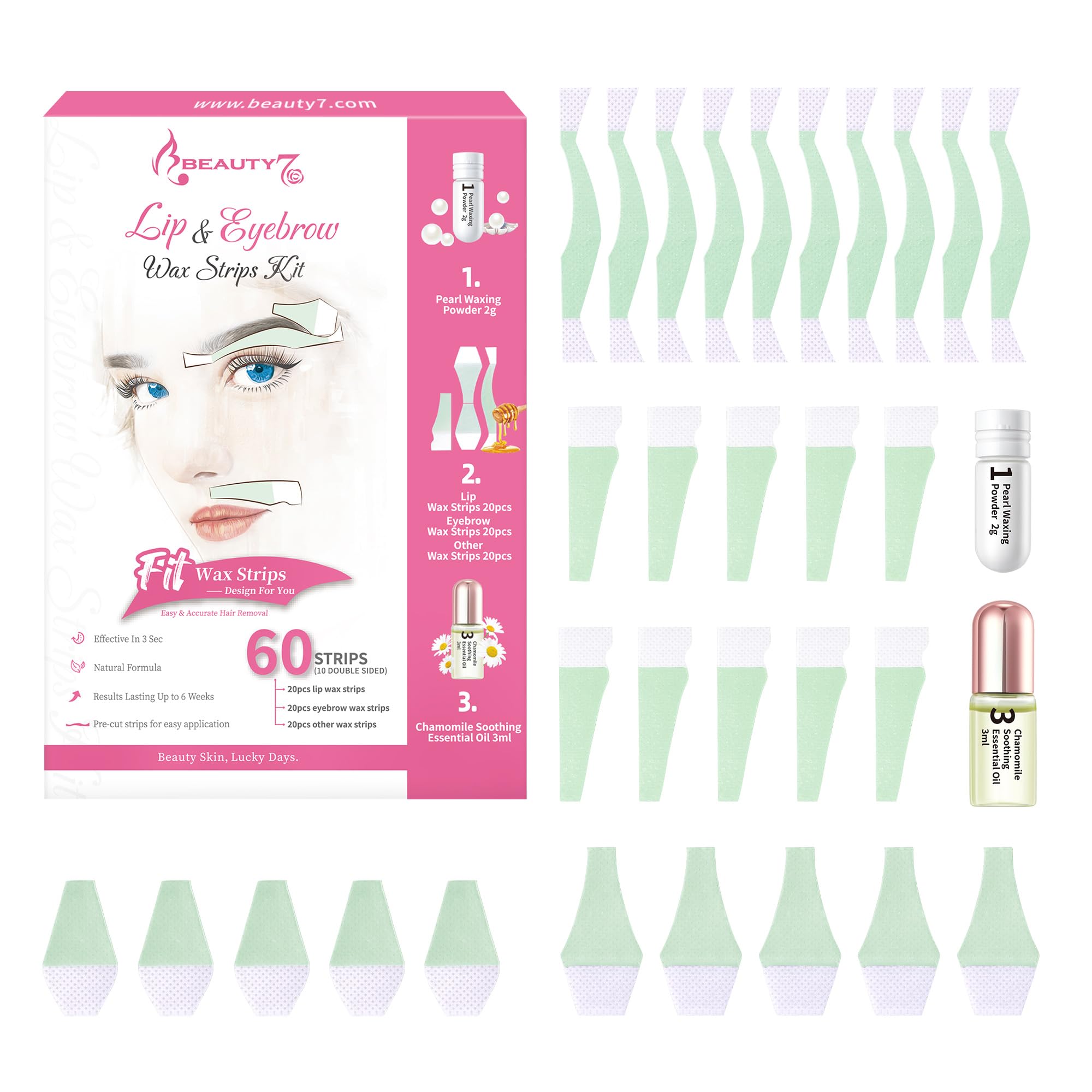 Beauty7 Pre-Cut Facial Wax Strips for Women, Large Packs 60 Strips, Eyebrow and Lip Hair Removal with Pearl Powder and Essential Oil, for All Skin Types