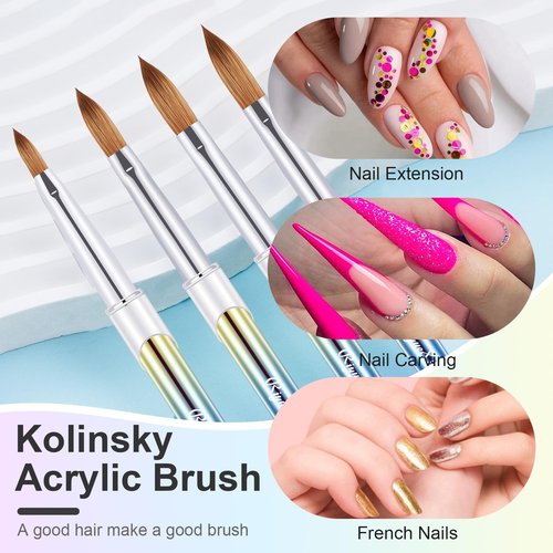 4PCS Acrylic Nail Brush Set, 6/8/12/16. Kolinsky Nail Art Brushes for Application, Sturdy Handle Oval Shaped Acrylic Powder Nails Design Tools for Professional Manicure DIY