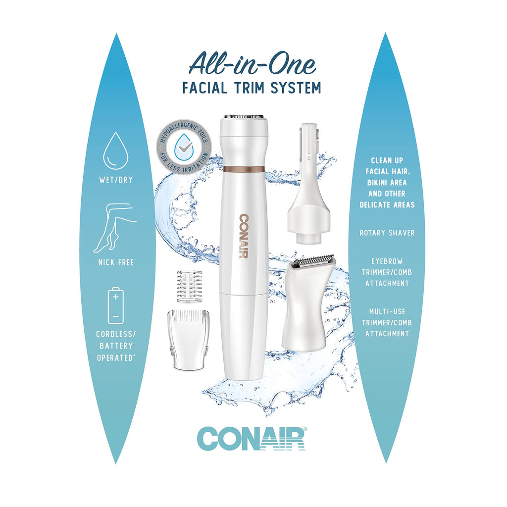 Conair All-in-1 Facial Hair Removal for Women, Cordless Electric Trimmer, Perfect for Face, Ear/Nose, Eyebrows, and Bikini Lines (Pack of 4)