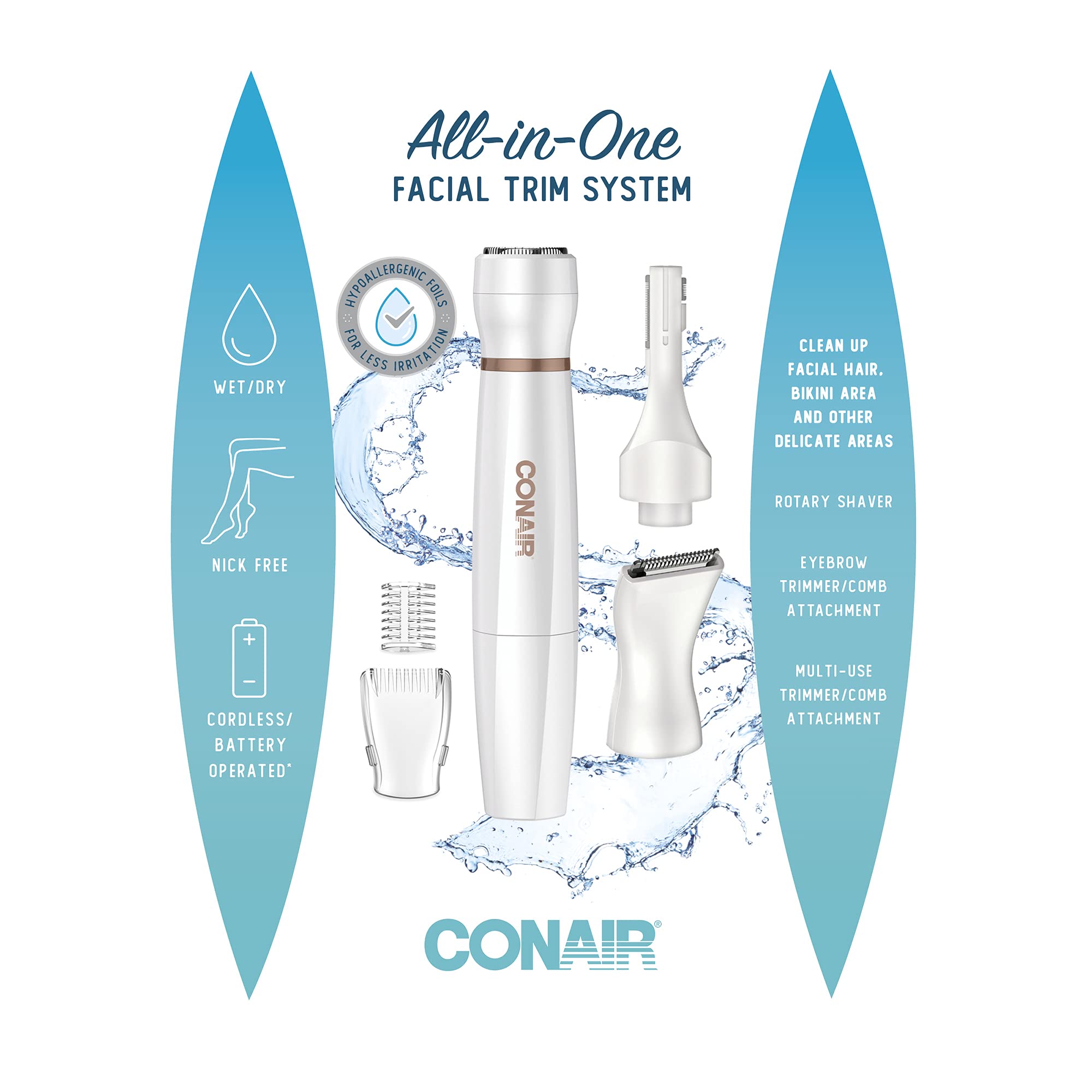 Conair All-in-1 Facial Hair Removal for Women, Cordless Electric Trimmer, Perfect for Face, Ear/Nose, Eyebrows, and Bikini Lines (Pack of 4)