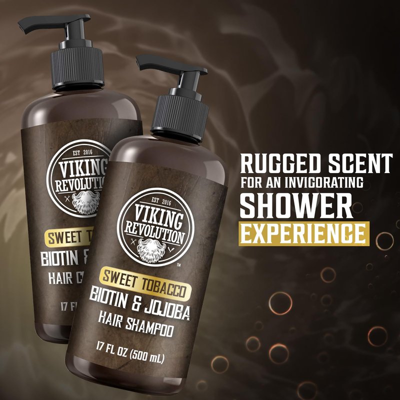 Viking Revolution Sweet Tobacco Men's Shampoo & Conditioner Set - Biotin & Jojoba Oil for Thinning Hair (17 Oz)
