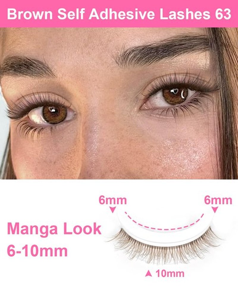 Brown Self Adhesive Eyelashes Preglued - Natural Look No Glue Eyelashes 10mm Natural Waterproof Glueless No Glue Needed Reusable Stick on False Strip Lashes by EMEDA (Brown 63)