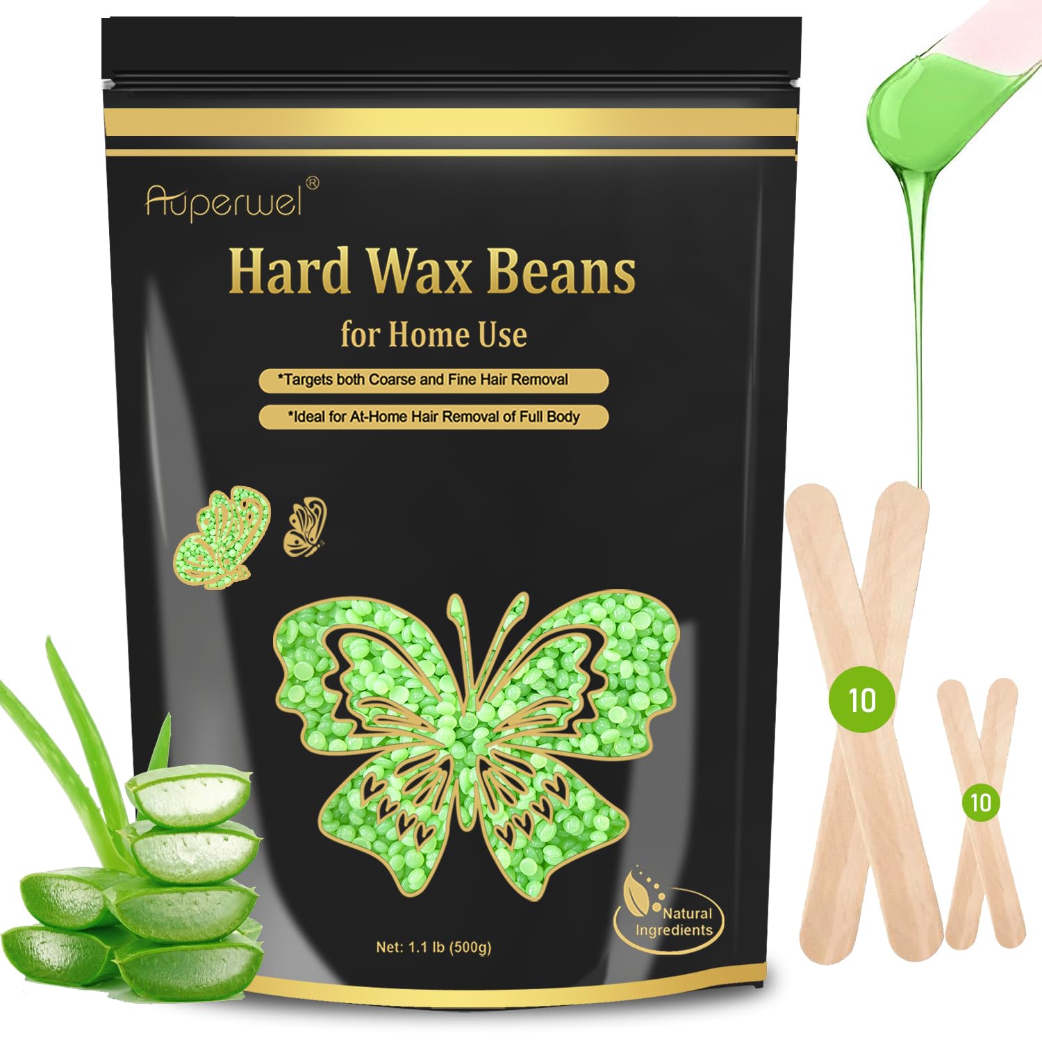 Auperwel Wax Beads 1.1lb, Hard Wax Beads for Coarse Hair Removal & Sensitive Skin, Works on Brazilian Bikini, Armpit, Legs, Face, Eyebrow, Back, Waxing Beads with 20 Sticks(Chocolate)