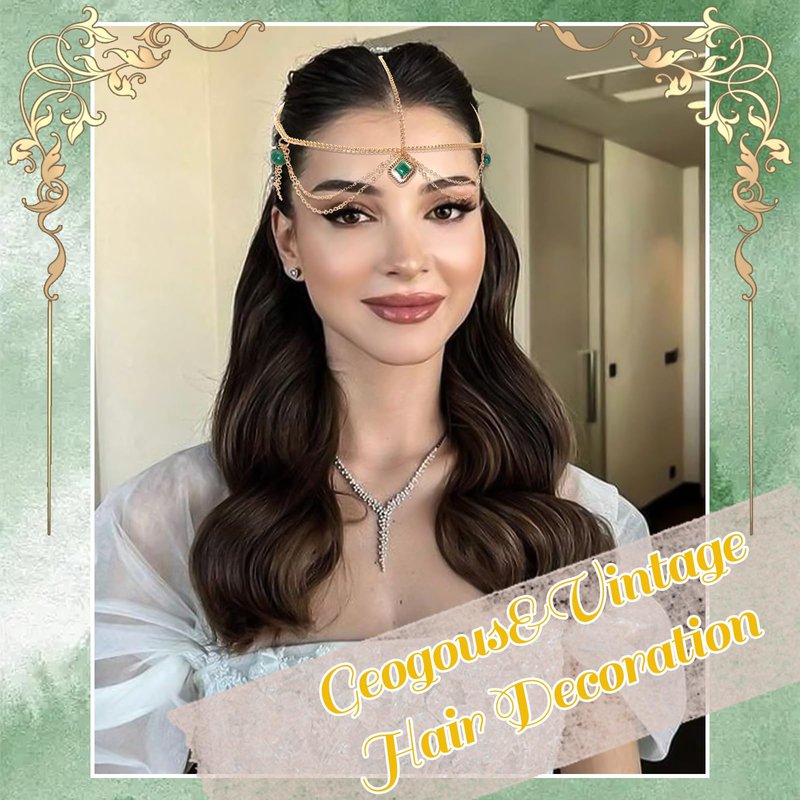 VENOFEN Head Chain Gold Headpiece Imitation Emerald Beads Forehead Jewelry for Women Boho Style Multi-Layered Chain Head Jewelry Festival Hair Decoration Accessories