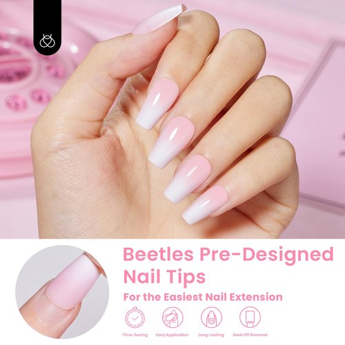 Beetles Ombre French Gel Nail Tips: 210Pcs Pink Press On Nails Short Coffin Kit Gifts for Women Fit Perfectly Nail 4 in 1 Pre-applied Tip Primer & Base Coat for Nail Extension Designs