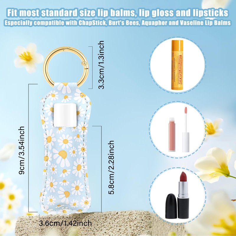 WK IEASON Lip Balm Holder Keychain Clip On PU Leather Lipstick Sleeve Pouch Lip Gloss Holder Lip Balm Sleeve Holder Keychain 5PCS（Floral Set B）