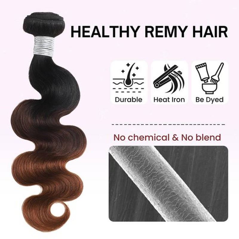 ANMETAN Ombre T1B/2/30 Body Wave Human Hair 3 Bundles with 4x4 Closure, 12A Chestnut Brown Bundles and HD Lace Closure Free Part (10/12/14+10 In) Real Remy Hair Wavy Thick 3 Tone Weave With Dark Roots