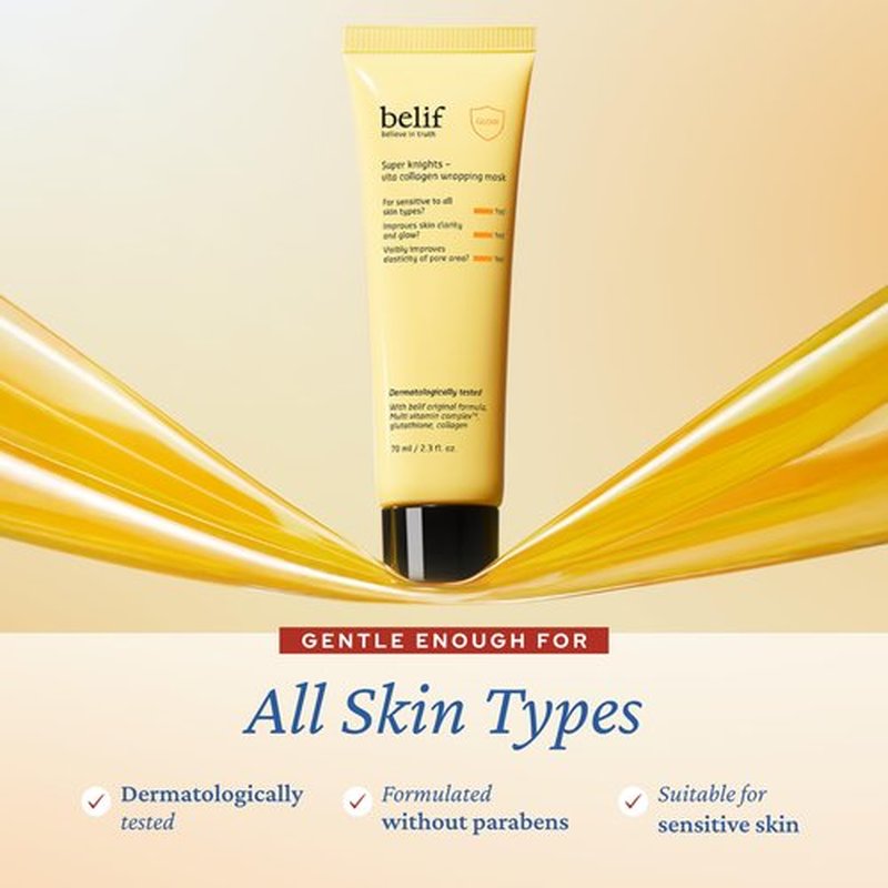 belif Super Knights - Vitamin Collagen Wrapping Peel Off Facial Mask, Elasticity + Hydration, Pore Firmenss & Even Skin Tone, with Multi Vitamin Complex and Glutathione | Korean Skincare, 2.3 fl. oz