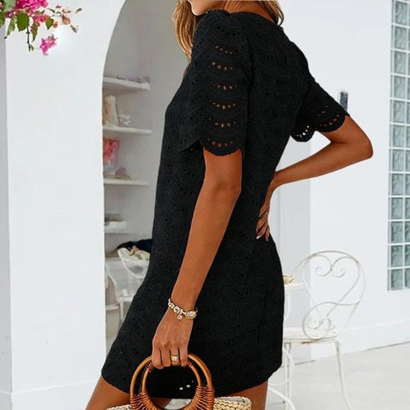 Skiennix Eyelet Dress for Women - Hollow Out Lace Short Sleeve Mini Dress for Summer Vacations