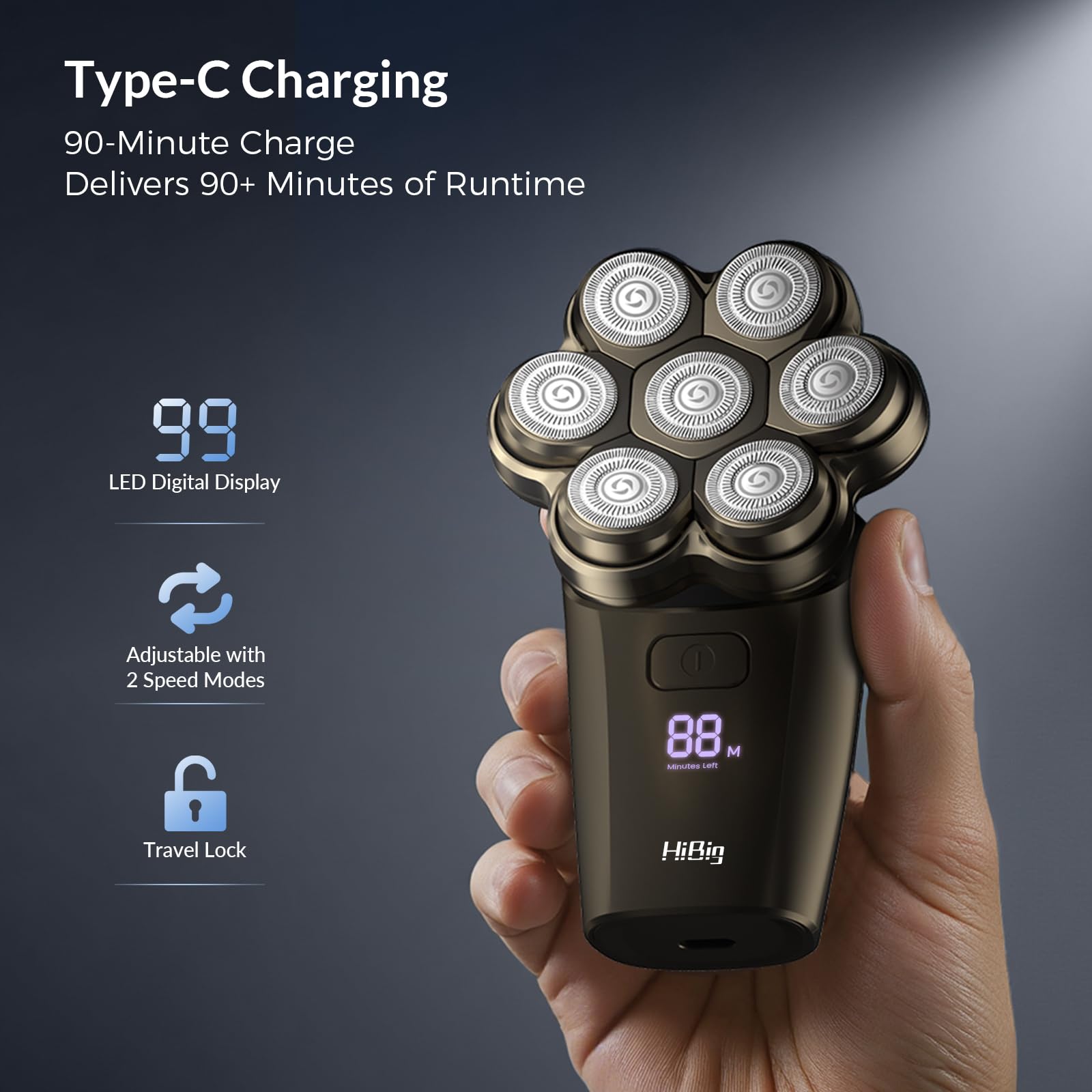 HiBig Head Shavers for Bald Men - 7D Arc Magnetic Detachable Electric Razor, Waterproof Wet Dry 5-in-1 Electric Shaving & Grooming Kit, LED Display Rechargeable Head & Body Hair Shaver, Dark Black