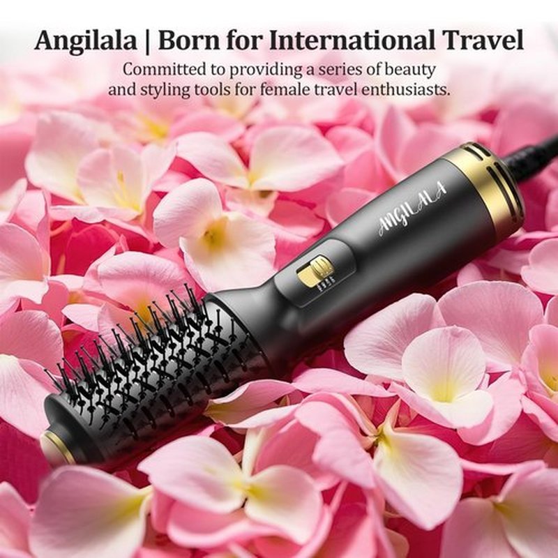 ANGILALA Dual Voltage(100~250V) Mini Hair Dryer Brush with European Plug Adapter for International Travel, Europe Travel Essentials for Women