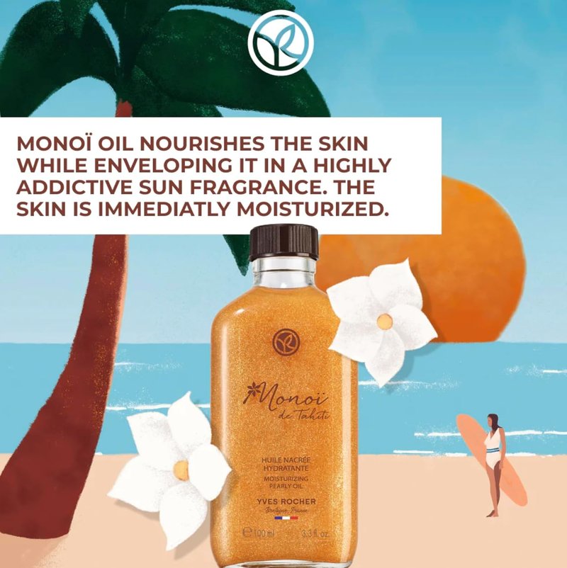 Yves Rocher Monoï De Tahiti Body Shimmering Oil - Moisturizing Summer Glow | 100 ml / 3.3 fl. oz.