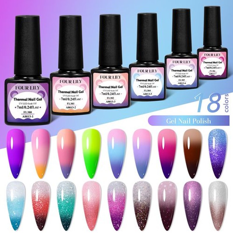 Four Lily Color Changing Gel Nail Polish Set, 18 Colors Red Pink Glitter Blue Purple Mood Temperature Change Nail Polish Gel Set Soak Off Nail Art Gel DIY Salon Valentine's Day Manicure Gift