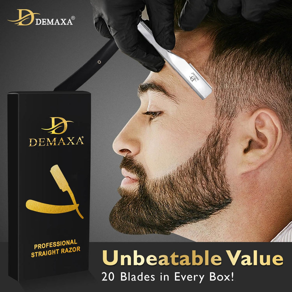 Professional 20 Straight Razor Blades with DEMAXA Shavette Straight Razors for Men - Navajas para Barbero Professional Barber Razor Blade for Close Shaving with Soft Pouch - Cut Throat Razors for Men