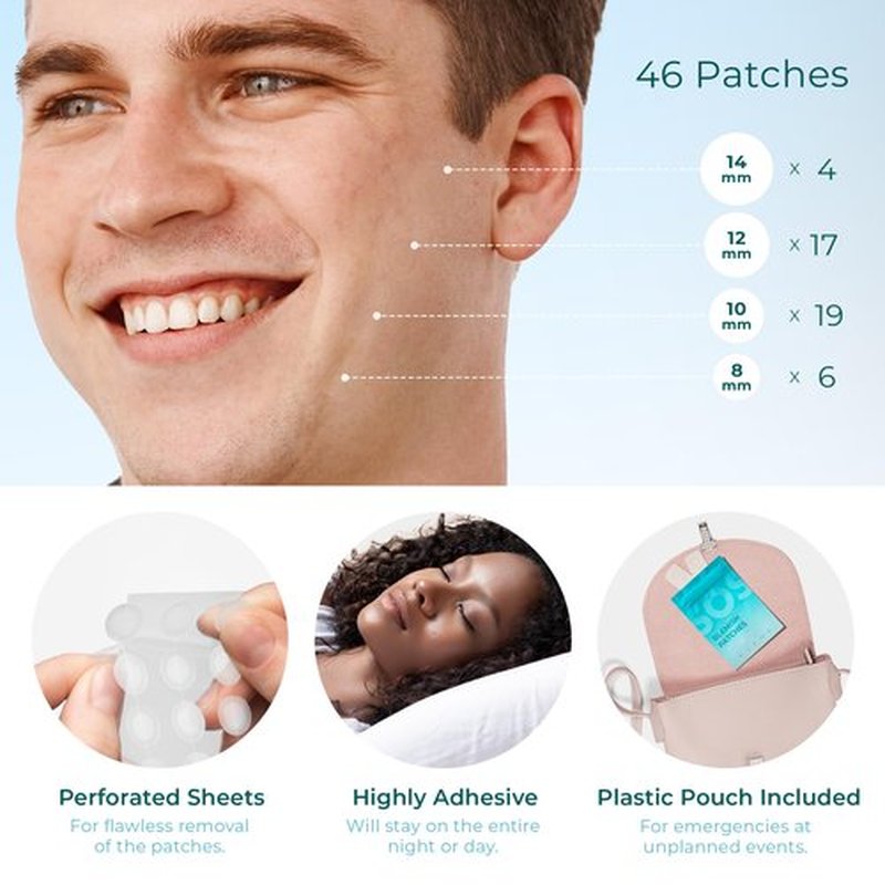 Hydrocolloid Pimple Patches (Made in Korea) FSA/HSA Eligible - Vegan, Hypoallergenic, Cruelty-Free Acne Circle Stickers for Overnight Use, for Zits, Spots, Pimples, Whiteheads (46 Count, Mixed Sizes)