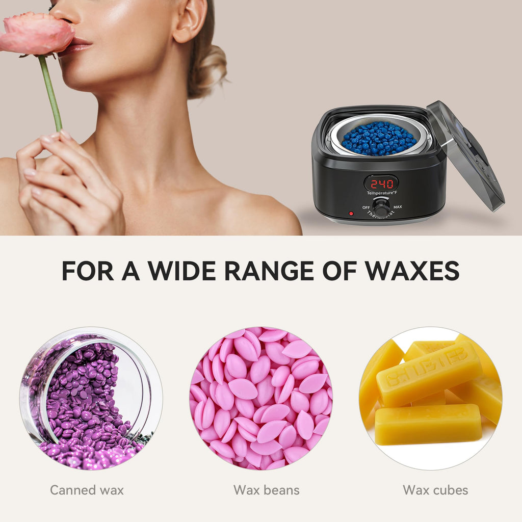IYINIYI Waxing Kit for Women Men, Digital Wax Kit with Silicone Bowl & 4 Bags Hard Wax Beads, Portable Wax Warmer for Sensitive Skin Full Body Hair Removal, Brazilian Bikini, Eyebrow, Face (Black)