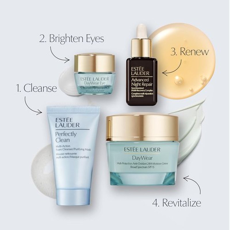 Estée Lauder DayWear Moisturizer Holiday Gift Set - Hydrating Skincare Routine | Full-Size Moisturizer 1.7 Oz + Cleanser 1 Oz + Eye Cream 0.17 Oz + Face Serum 0.5 Oz