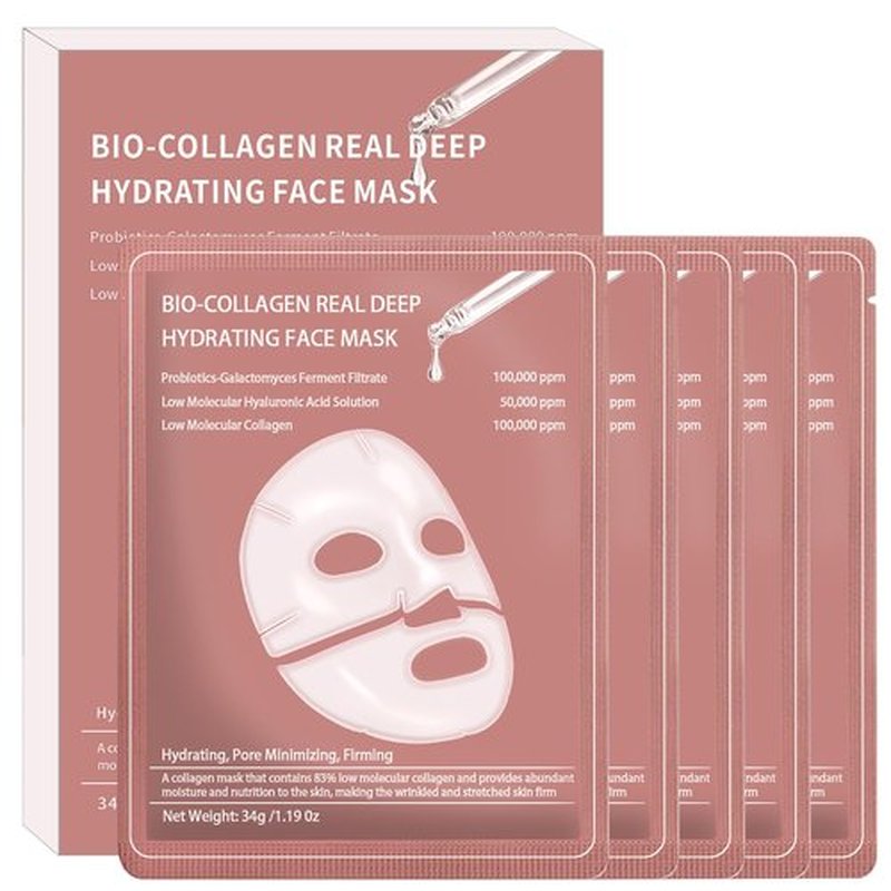 Qawnfy 5PCS Bio-Collagen Face Mask, Bio-collagen Real Deep Mask, Collagen Mask Overnight, Hydrating Hydrogel Masks, Anti Aging, Firming, Elasticity Improvement, for All Skin Types, 1.19 Fl Oz