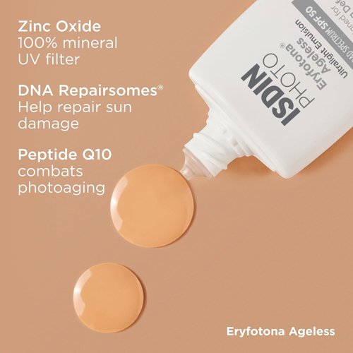 ISDIN Eryfotona Ageless Tinted Mineral Sunscreen SPF 50 - Anti-Aging Protection with Zinc Oxide & Vitamin E, Universal Tint