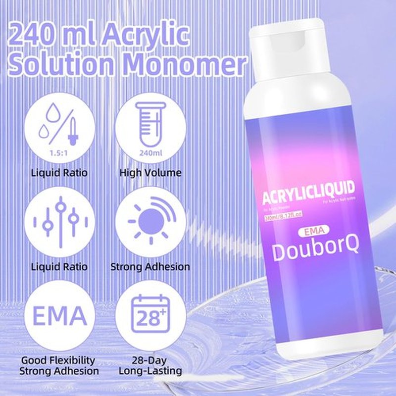 Douborq Acrylic Liquid Monomer for Nail Art, 240ml/8.12 fl.oz, with Brush and Cup
