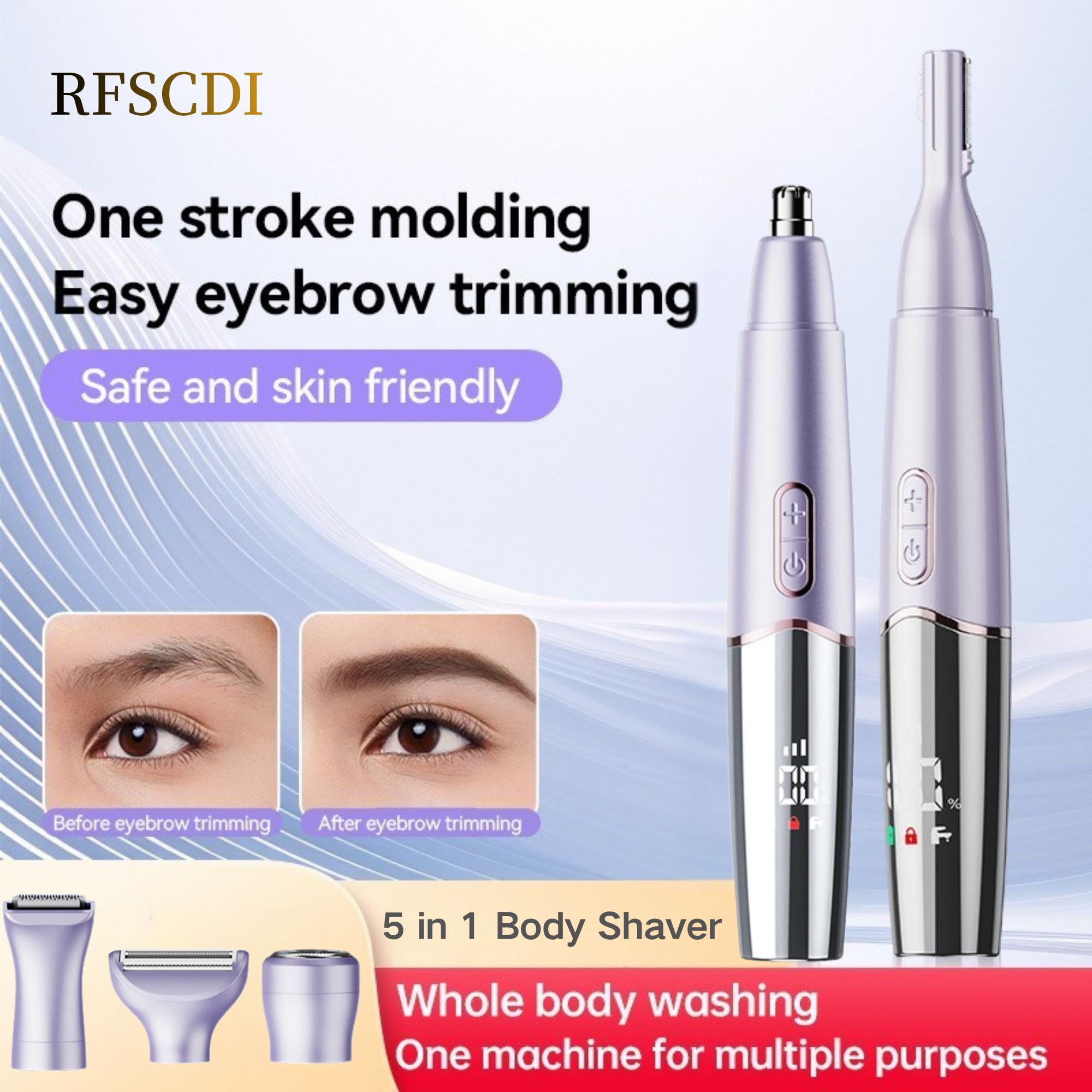 RFSCDI 5-in-1 Rechargeable Nose & Eyebrows Hair Trimmer - IPX7 Waterproof Dual Edge Grooming Kit for Men & Women, Perfect for Hair Removal of Nose, Facial, Arm, Bikini, and Ear Hair (Purple)
