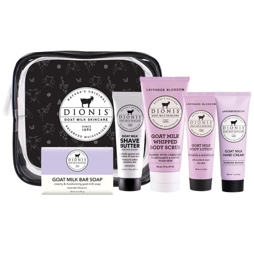 Dionis Goat Milk Lavender Blossom Hand Cream, Body Lotion, Whipped Body Scrub, Shave Butter, Bar Soap 3 oz & Carrying Case 6-Piece Travel Set