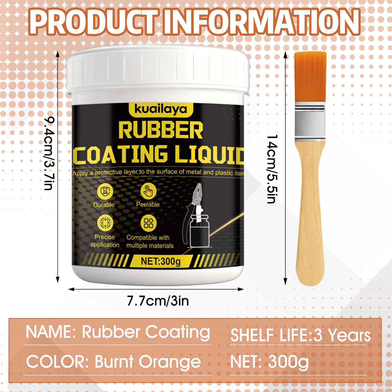kuailaya Rubber Dip for Tools, Liquid Rubber Dip Tool Handle Dip Coating Effective Protection Slip Resistance Waterproof and Insulating Easy to Peel for Tool Protection Creative DIY, Burnt Orange 300g