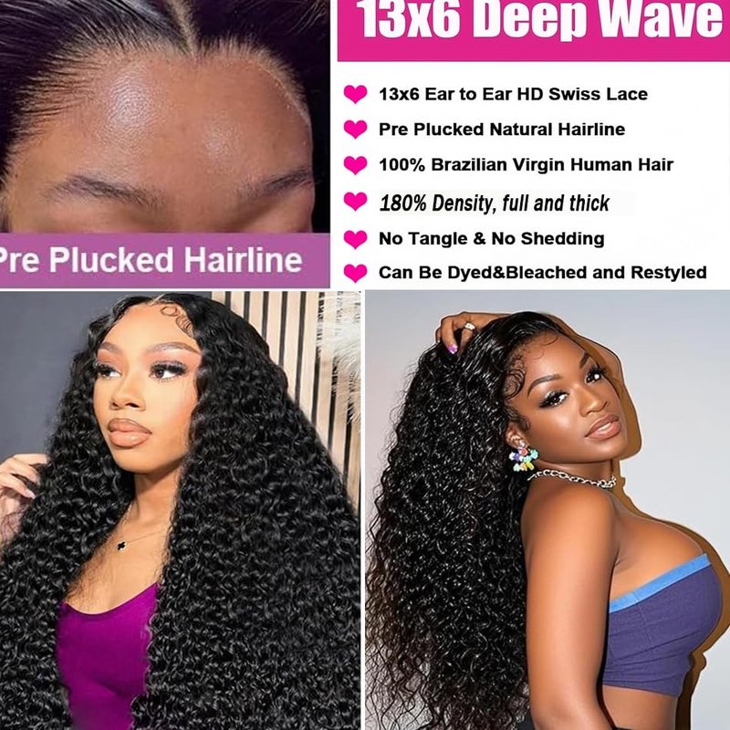 UDJLH 13x6 Deep Wave Lace Front Wigs Human Hair Curly Human Hair Wig for Women Deep Curly HD Lace Frontal Wigs Glueless Pre Plucked with Baby Hair Natural Color (20 Inch-10A)