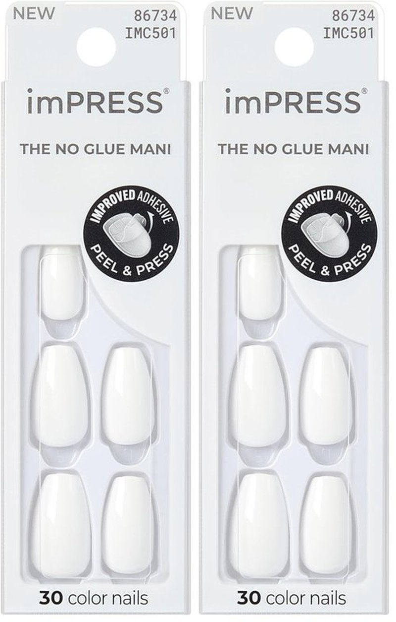 KISS imPRESS No Glue Mani Press On Nails, Color, 'Frosting', white, Medium Size, Coffin Shape, Includes 30 Nails, Prep Pad, Instructions Sheet, 1 Manicure Stick, 1 Mini File (Pack of 2)