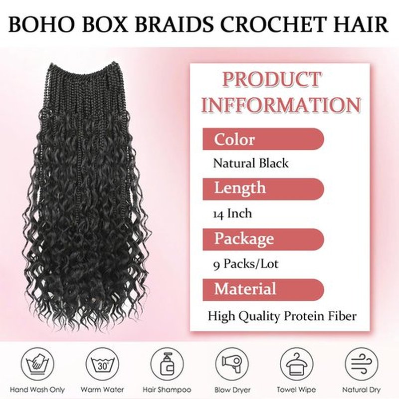 9 Packs Boho Box Braids Crochet Hair 14 Inch Pure Protein Fiber Similar to Human Hair Goddess Box Braids Crochet Hair With Curly Ends Pre Looped Bohemian Braid Hair Extension For Women(14 Inch, 1B)