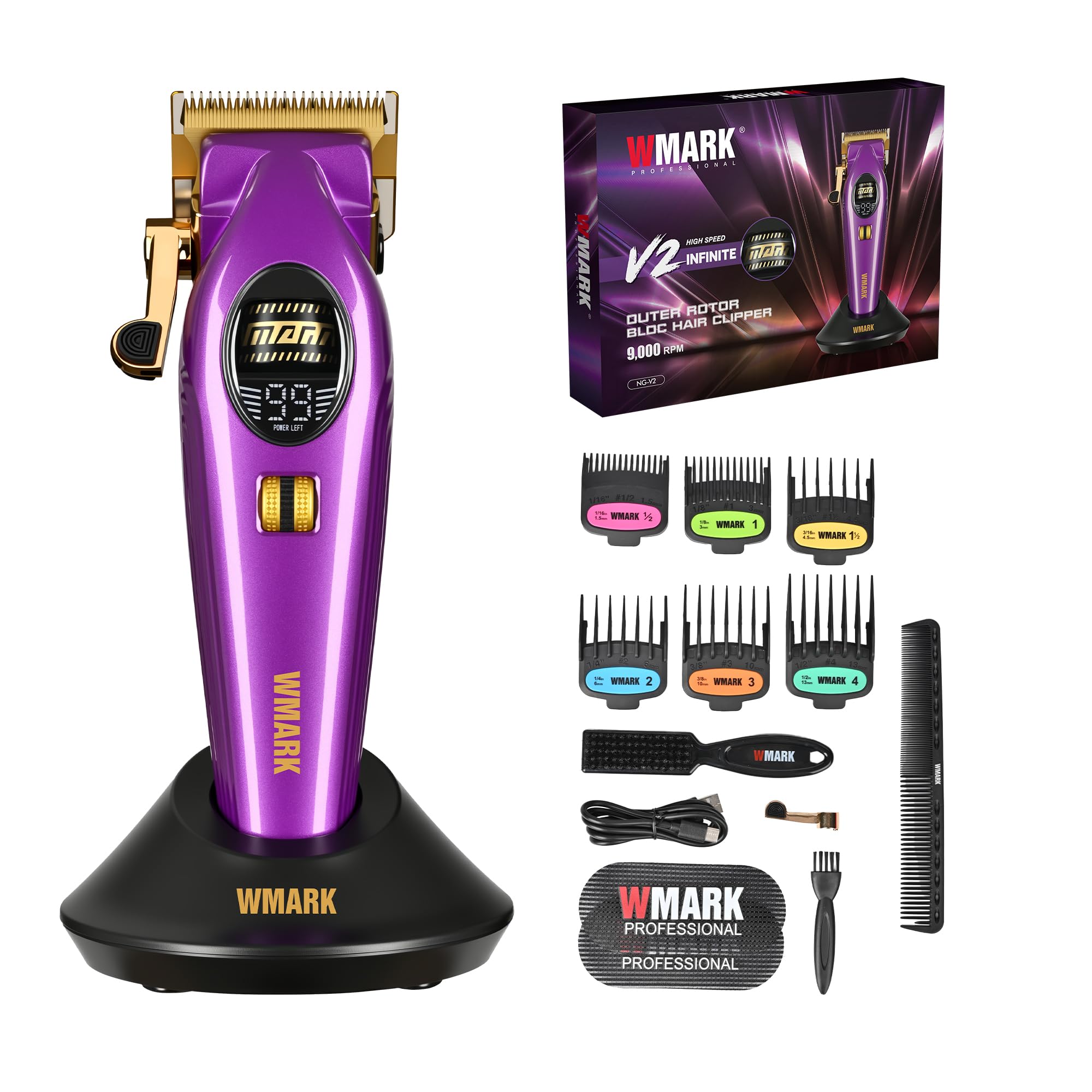 WMARK Professional Infinite Cordless Left-Handed Friendly Hair Clipper – Roller Speed Control, Charging Dock, 9000RPM Outer Rotor BLDC, DLC Steel Blade, Barbershop Tool, NG-V2 (Purple)