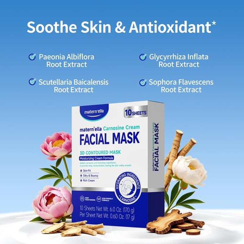 matern'ella Carnosine Cream Facial Mask with Pro-Xylane & Peptides, Anti-Aging, Plant Extract Based, 3D Contoured Face Mask for Wrinkles, Elasticity & Deep Hydration, Paraben & Fragrance Free, 4 pcs