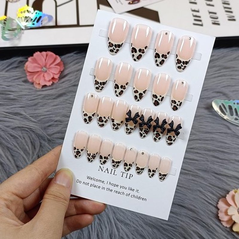 TENPAL Reusable Almond Press on Nails Medium,3D Bow Leopard French Tips Rhinestones False Nails, Edgy Ins Style Fake Nails with Full Manicure Kit, Winter Animal Print 24Pcs Leopard French Nails Tips