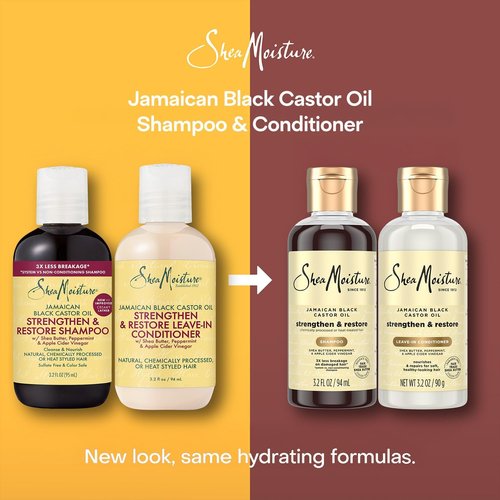 SheaMoisture Travel Essentials, Jamaican Black Castor Oil Strengthen & Restore Shampoo and Leave-in Conditioner Set, 3.2 Oz Each