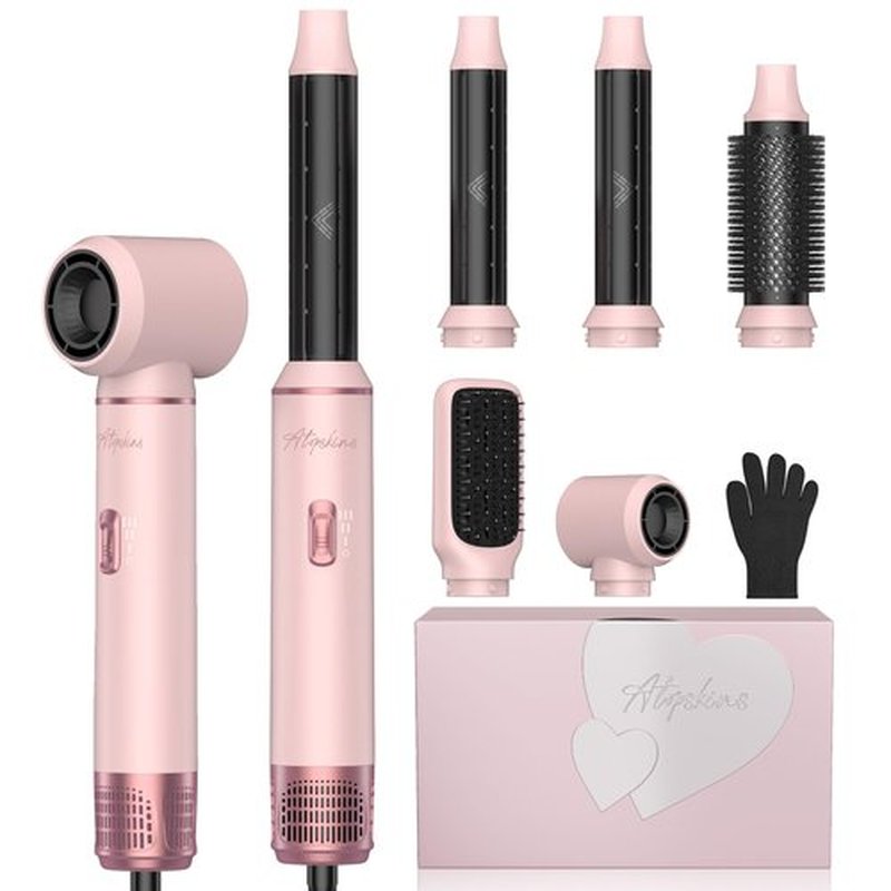 Atopskins 5 in 1 Hair Dryer Brush Set, Detachable Hot Air Styler, Blow Dryer Brush, 3 Heat Settings Auto Curling Wrap Styler, Ionic Hair Styling Tools, Straight Curl Dry Volumiz Smooth (Pink)