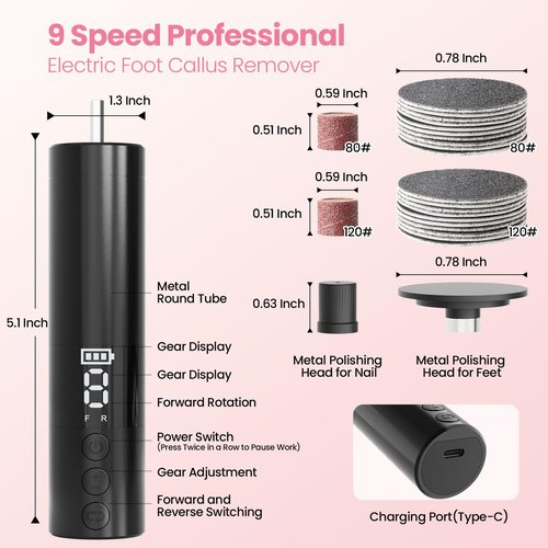 Electric Callus Remover for Feet, Electric Foot File Nail Grinder 2 in 1,Rechargeable Professional Foot Sander Pedicure Tool for Feet Dry Dead Skin with Sandpaper Disk, 9 Speed Adjustable (Black)