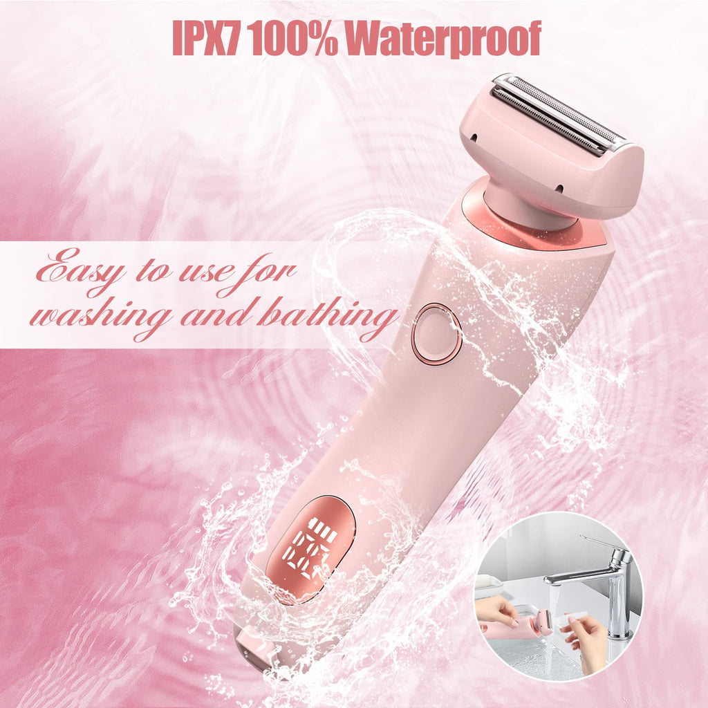 Electric Shaver for Women, Bikini Trimmer for Women, 2 in 1 Wet & Dry Painless Hair Removal with 2 Removable Heads for Bikini, Leg, Arm, Underarm, IPX7 Waterproof Rechargeable Design (Pink)
