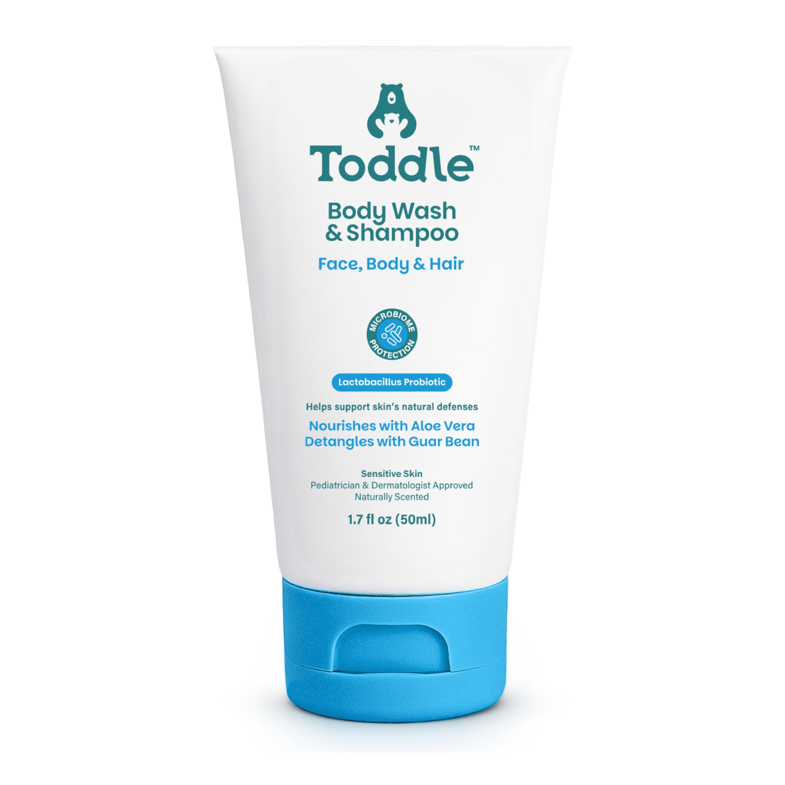 Toddle 3-in-1 Probiotic Baby Shampoo and Body Wash, Plant-Based Kids’ and Toddler Body Wash for Sensitive Skin with Aloe and Lactic Acid, Fragrance-Free, Pediatrician Tested 1.7oz