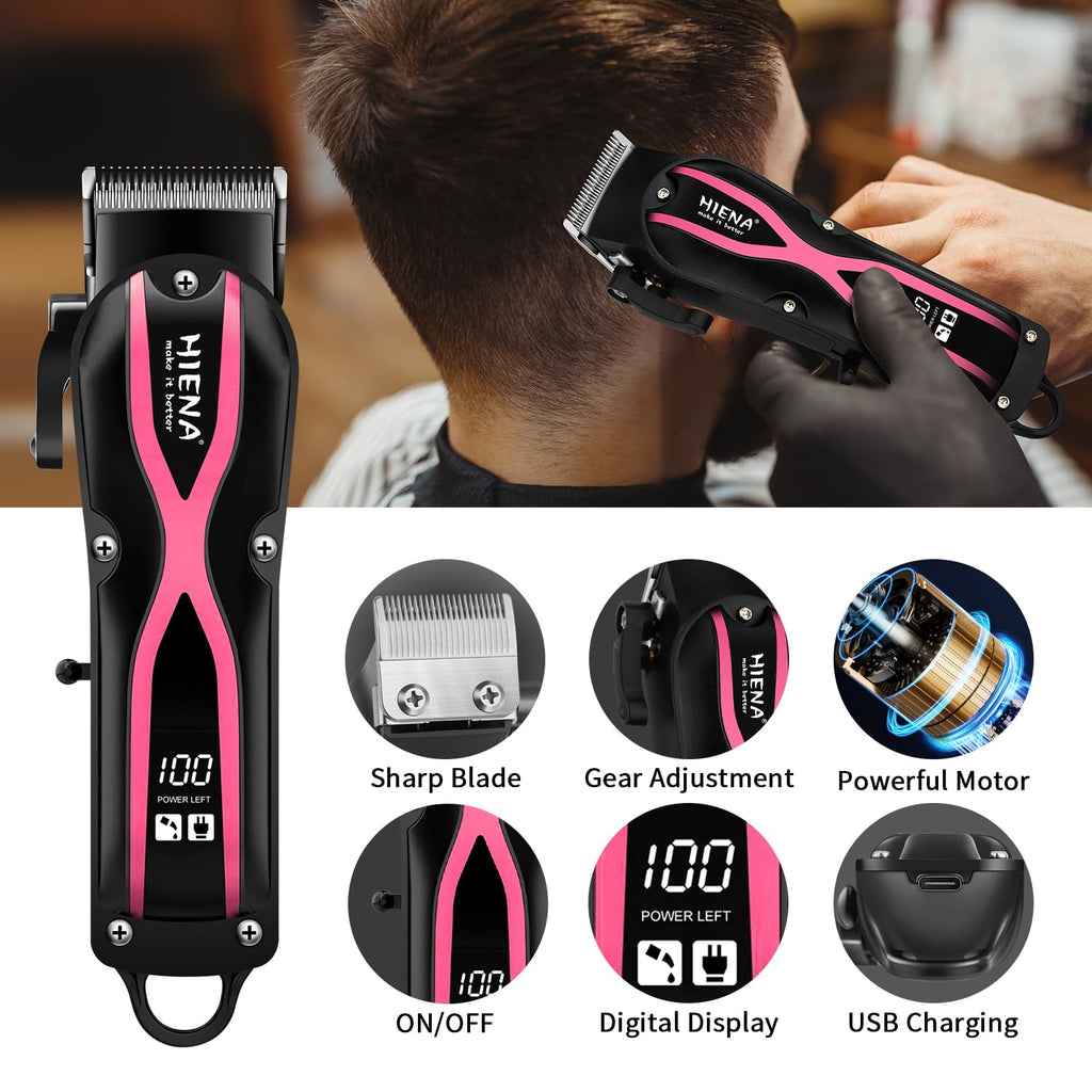HIENA PRO Hair Clippers for Men, Professional Electric Hair Clipper and Trimmer, Rechargeable Haircut Clipper, Cordless Hair Cutting Tool with LED Display, Perfect Gifts for Men(Pink)