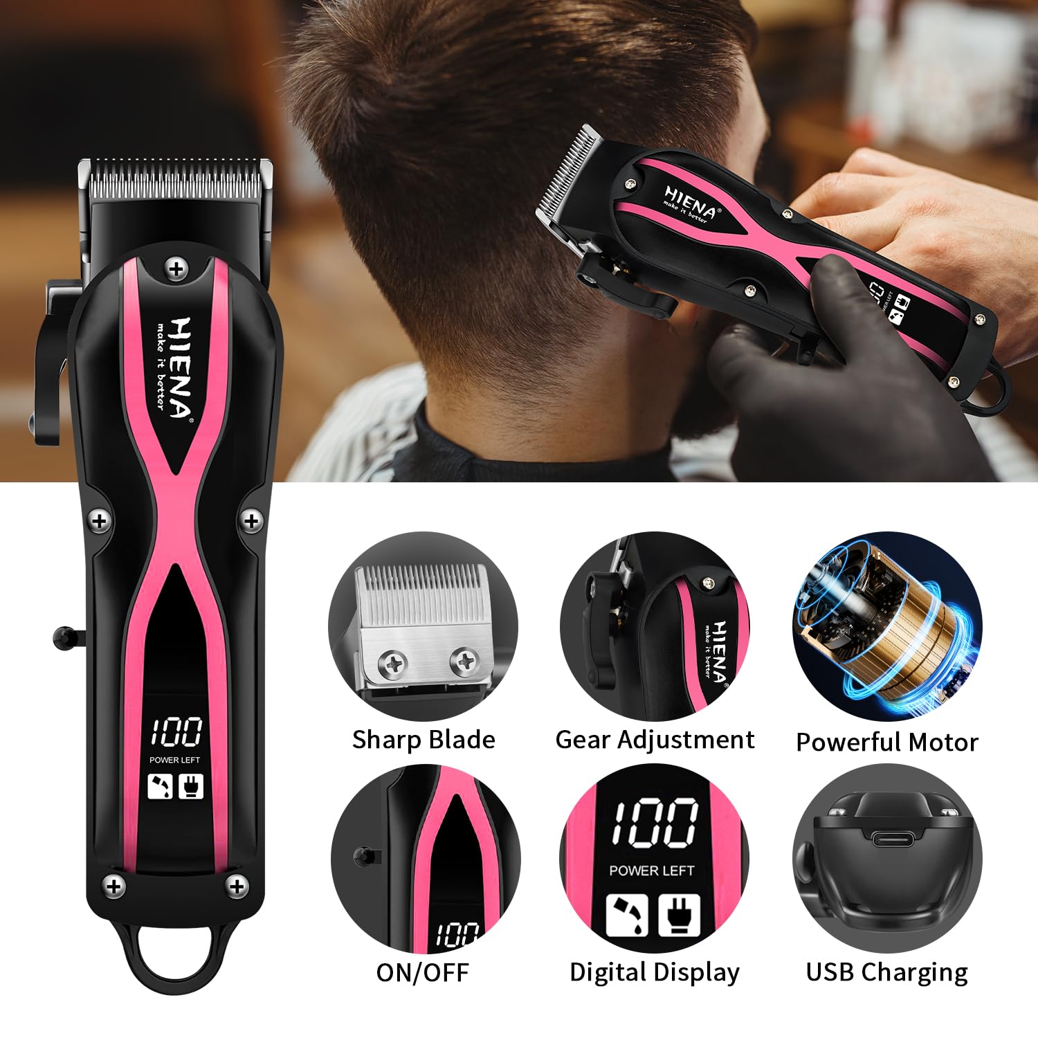 HIENA PRO Hair Clippers for Men, Professional Electric Hair Clipper and Trimmer, Rechargeable Haircut Clipper, Cordless Hair Cutting Tool with LED Display, Perfect Gifts for Men(Pink)